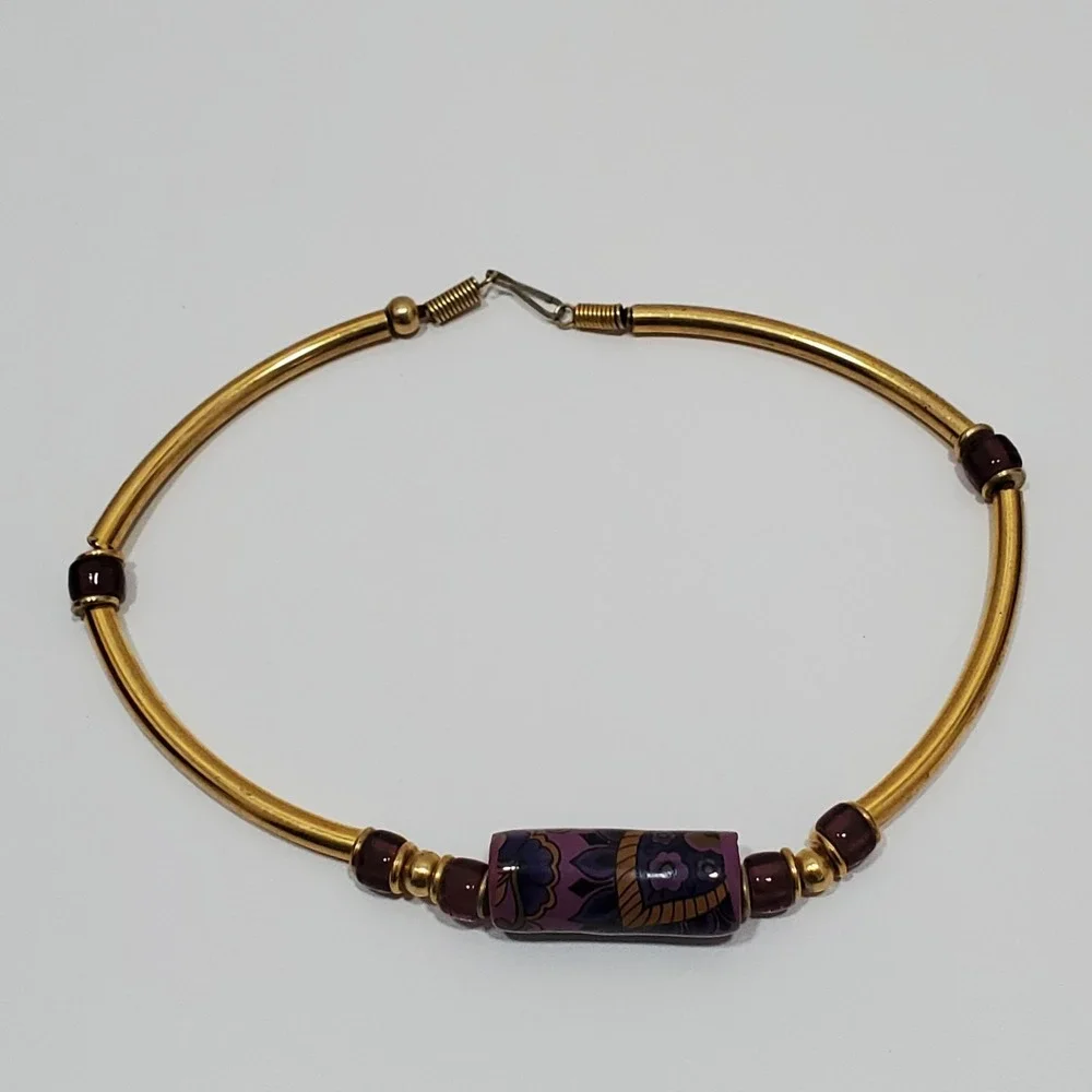 Vtg Omega Style Statement Choker Necklace Goldtone Clay, Metal & Glass Beads